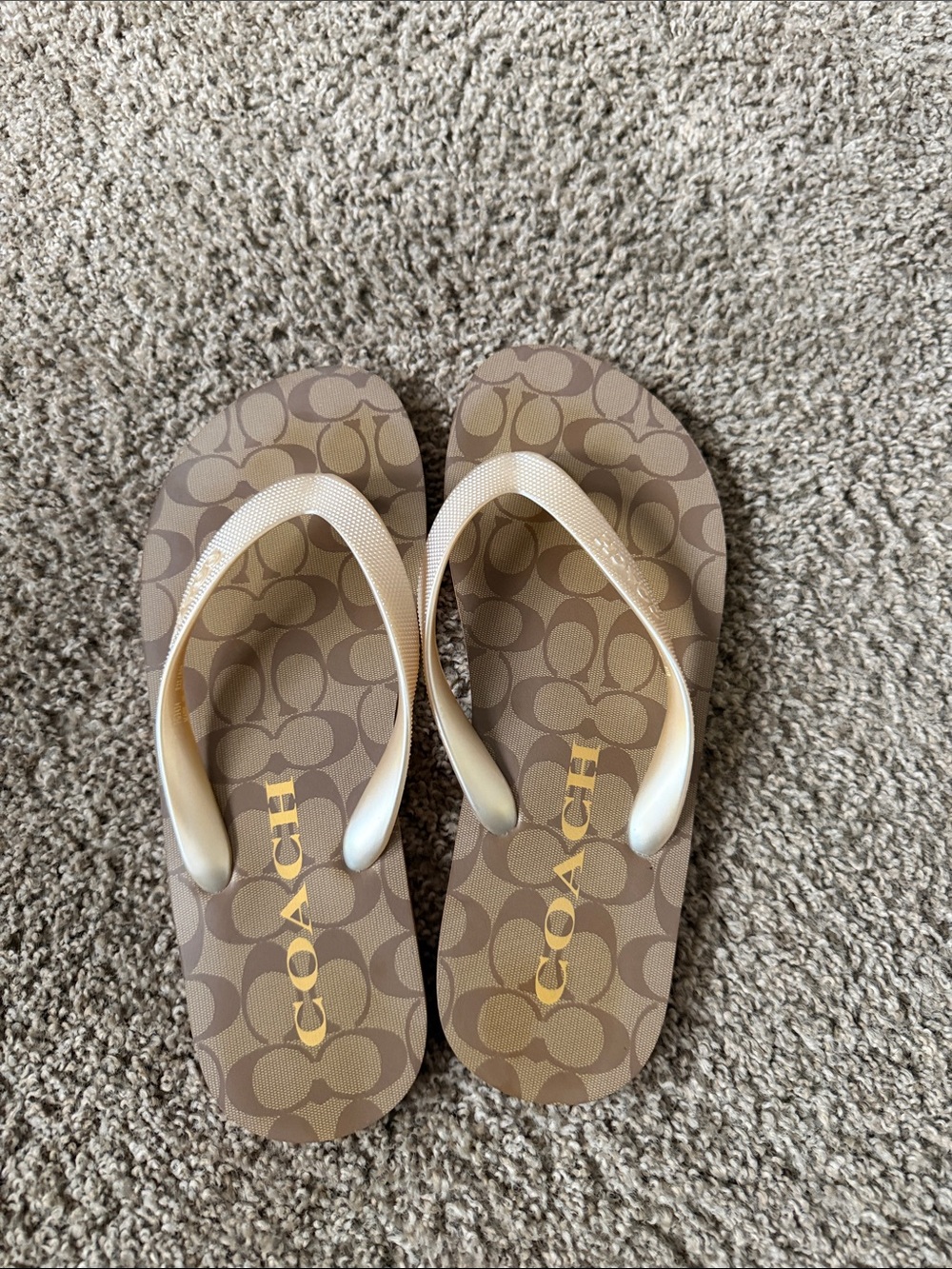 Coach Brown Tan Signature Flip Flops with Gold Logo